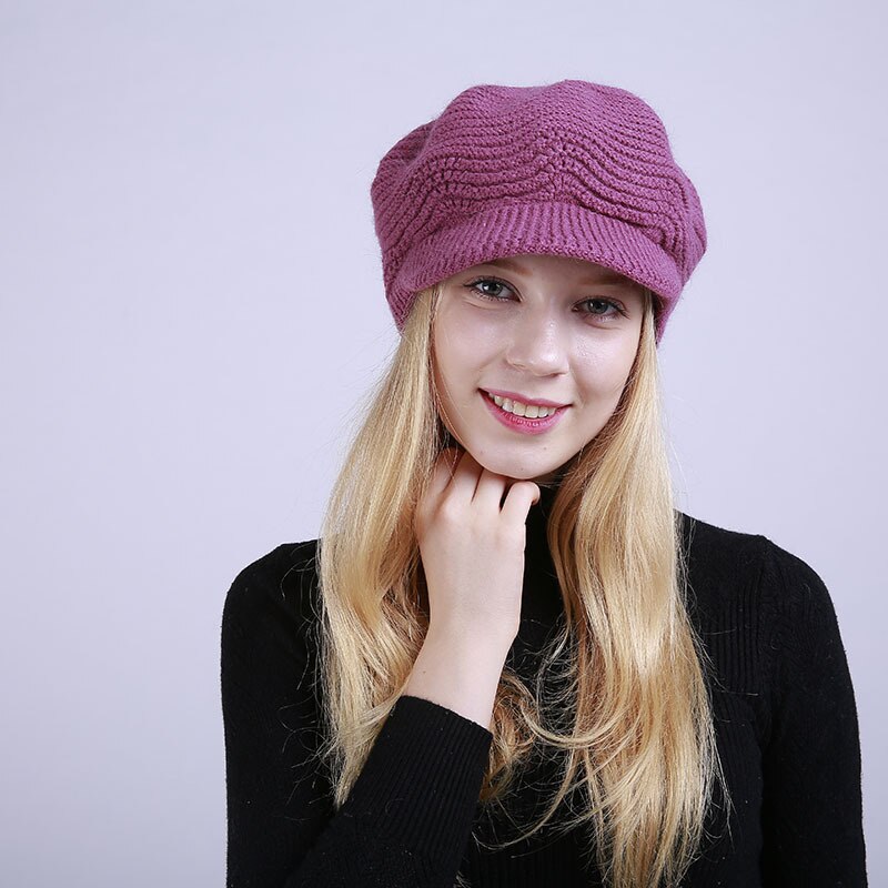 Autumn Winter Brim Wool Hat Solid Color Soft Beanie Female Women Warm Fleece Inside Knitted Visors Cap