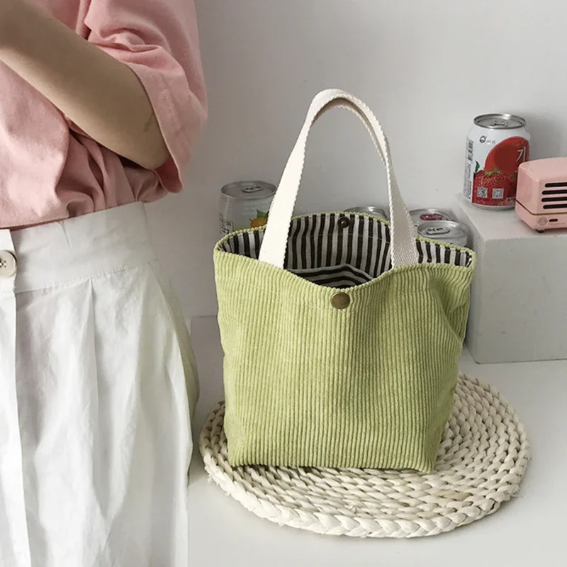 Lunchtas Corduroy Canvas Lunchbox Trekkoord Picknick Tote Eco Katoenen Doek Kleine Handtas Diner Container Voedsel Opbergzakken: Black