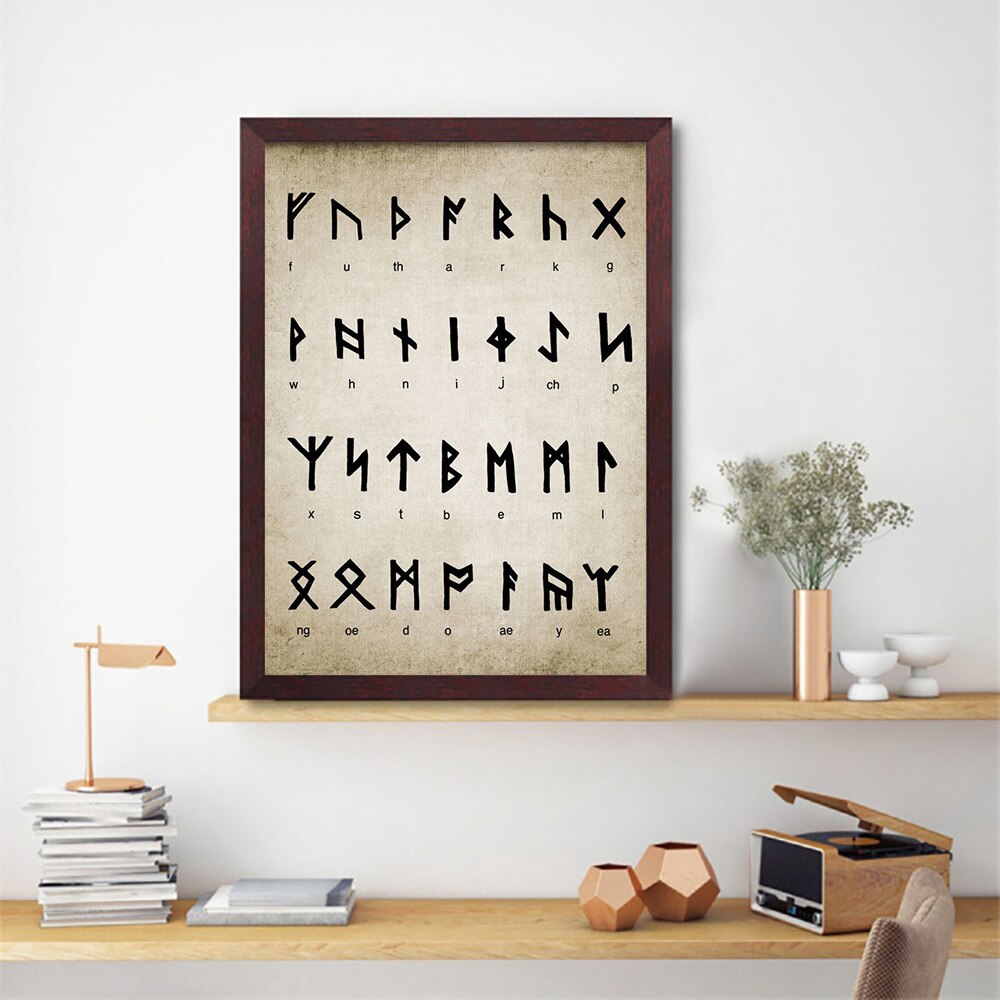 Runic Alfabeto Divinazione Vernice Vintage Poster di Scrittura Magia Vichingo Old Norse Lingua di Stampa Immagine della Parete Della Pittura Complementi Arredo Casa