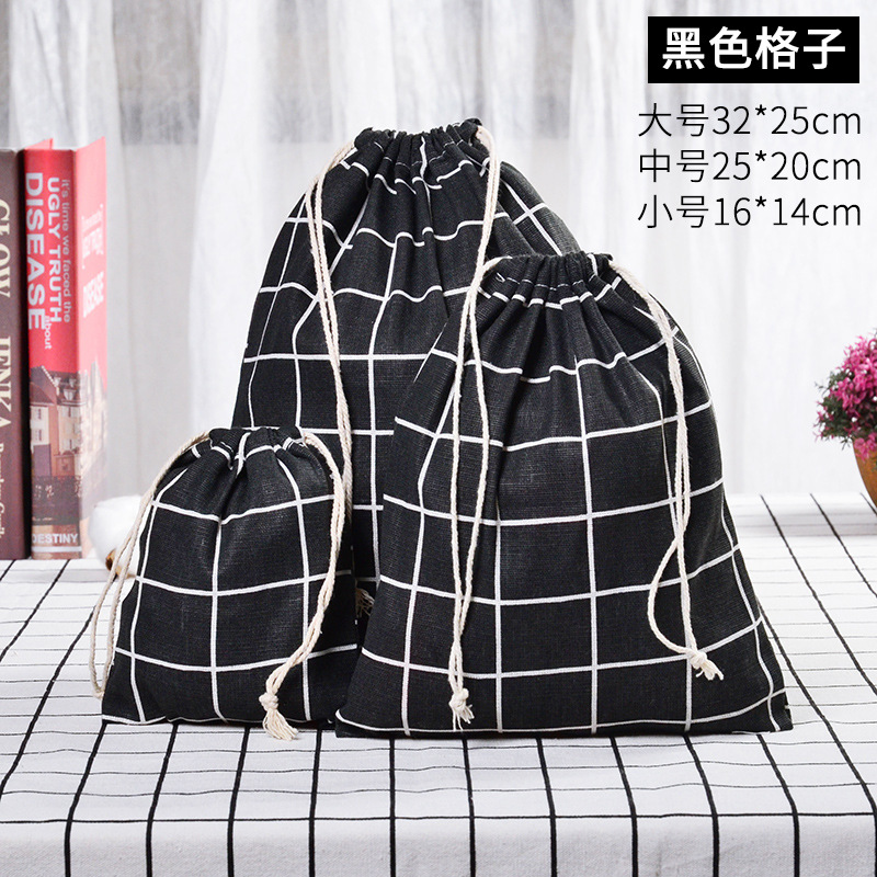 Petit coton frais et lin cordon faisceau poche étudiant tissu sac dortoir débris sac de rangement sous-vêtements sac de rangement: Black grid / M