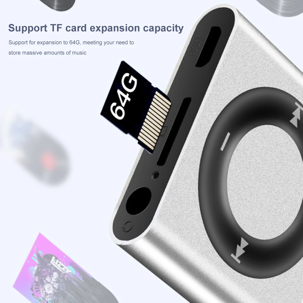 Mini-MP3-Player, Metall-Clip-on-Sportmusik-Player, 64 G-Erweiterung, 180 mAh, eingebauter Lautsprecher, Touch-Tone mit Kopfhörer für Studenten