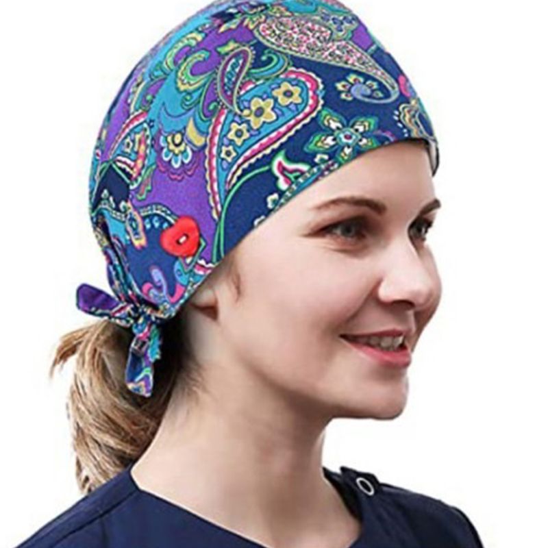 Women Ethnic Paisley Buttons Scrub Cap wtih Hair Ties Work Bouffant Hat F3MD