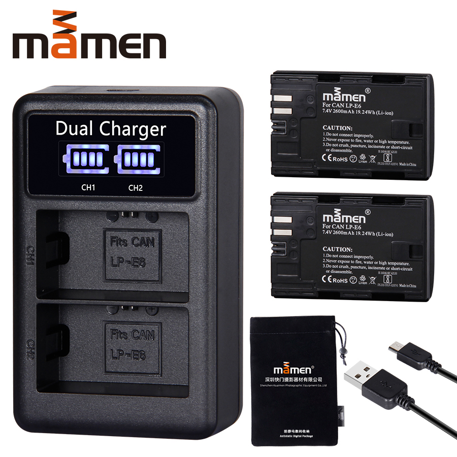 2600mAh LP E6 LP-E6 LPE6 de batería de la cámara Digital + LCD USB cargador Dual para Canon Mark II Mark III 6D 7D 60D 60Da 70D 80D 5DS 5D