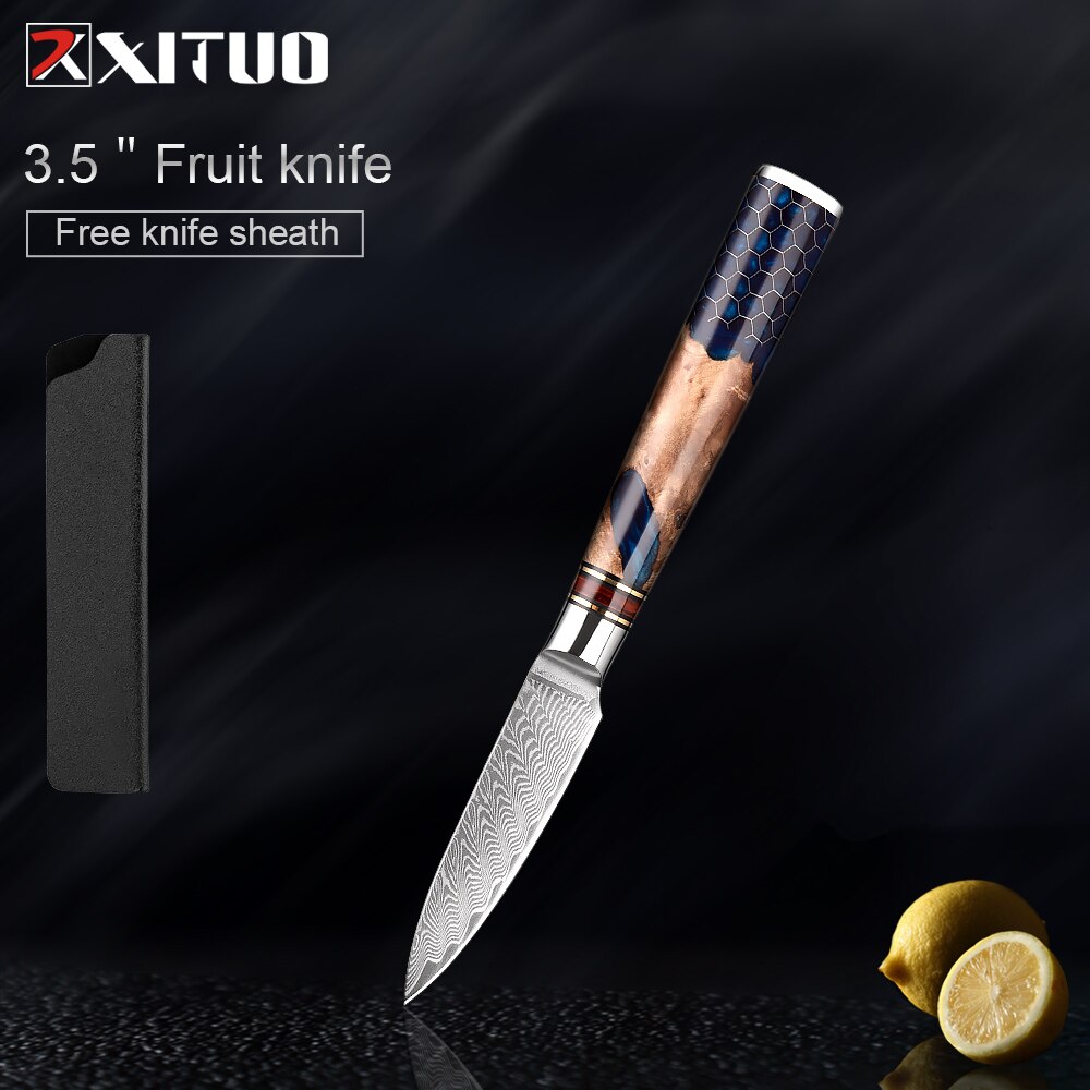 XITUO-Juego de cuchillos de cocina de acero damasco, 67 capas, afilados, duraderos, cuchillo de corte multifuncional, mango de panal de resina azul: 3.5 inch Fruit knife