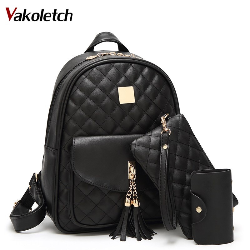 3 sets School Bags For Teenage Girls Women Backpack Leather Ladies Shoulder Bags book bag black Backpacks Bagpack KL130