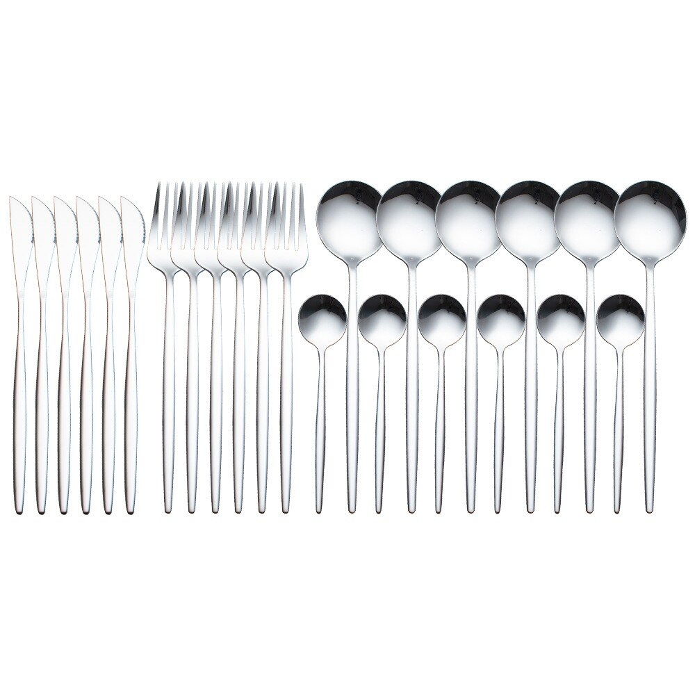 24Stck Edelstahl Geschirr setzt Glänzend Silber Gold Besteck setzt Messer Gabel Kaffee Löffel Besteck einstellen Spülmaschine Geschirr: Silber-