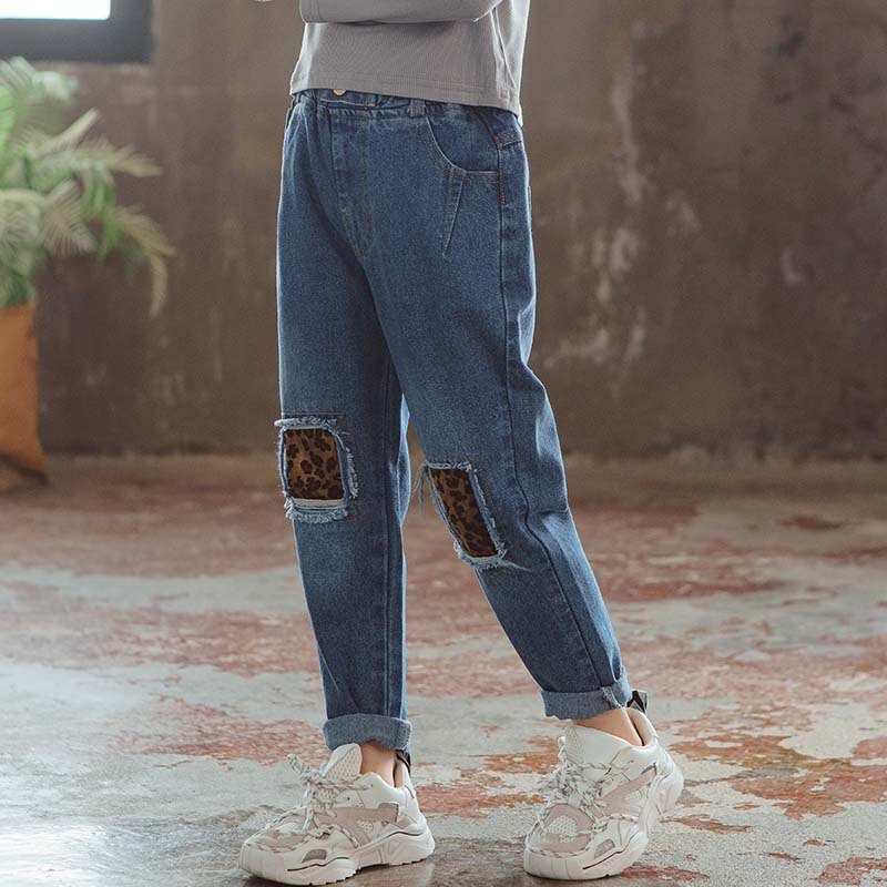 Jeans til piger leopard piger jeans bukser med hul efterår jeans børn casual stil tøj til piger 6 8 10 12 14: 14