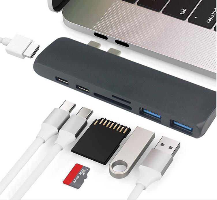 7in1 double USB-C à TF lecteur de carte SD USB 3.0 OTG Dock 4K HDMI adaptateur de moyeu de barre de chargeur pour MacBook 11-15 "Pro/Air -maintenant