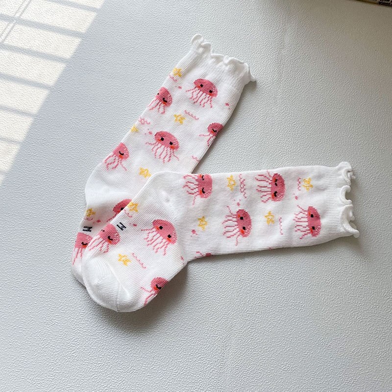 6 Paare/los freundlicher Mädchen Socken Baumwolle Niedliche Karikatur-Ebene Knie Hohe Socken für Jungen Kleinkind Boden Socken freundlicher Socken 1-8 jahre: Weiß Krake x6 / L (5-8Y)