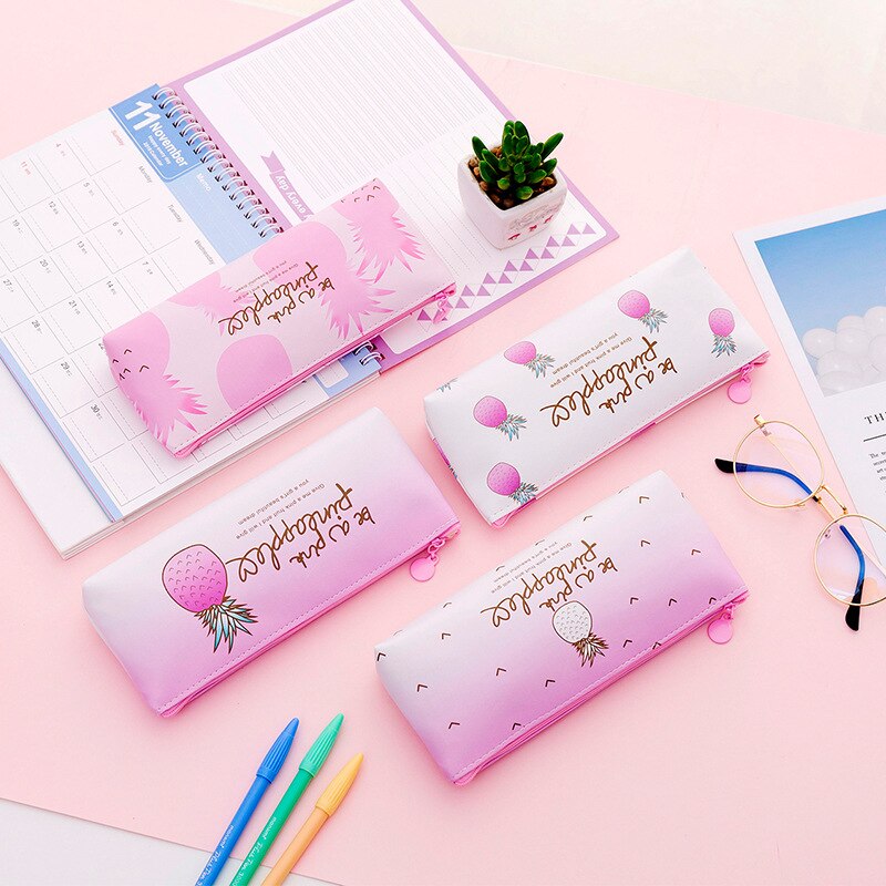 Cute pineapple pencil case cute pencil school case box pencil bag storage multifunctional big bag kit girl pen stationery