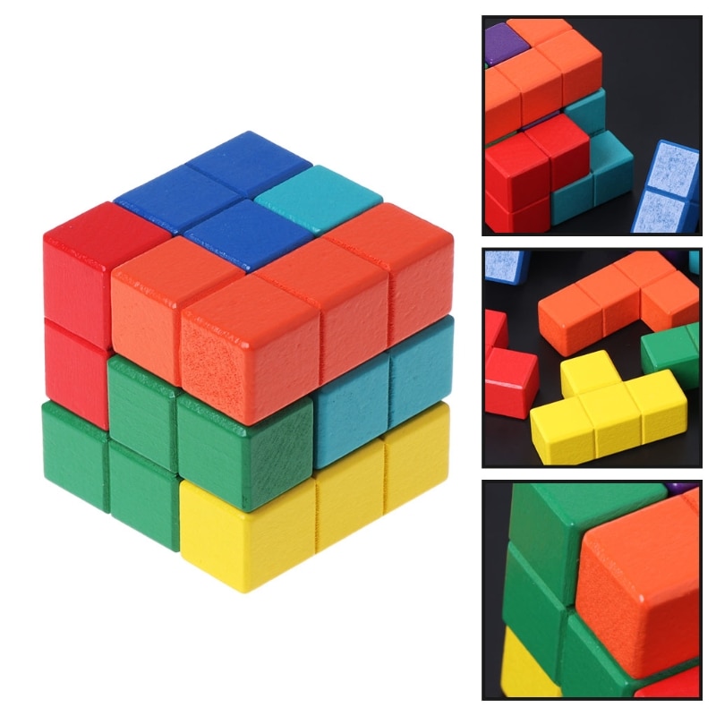 Tetris Magic Cube Multi-color 3D Houten Puzzel Educatief Brain Teaser Spel JUN5-B