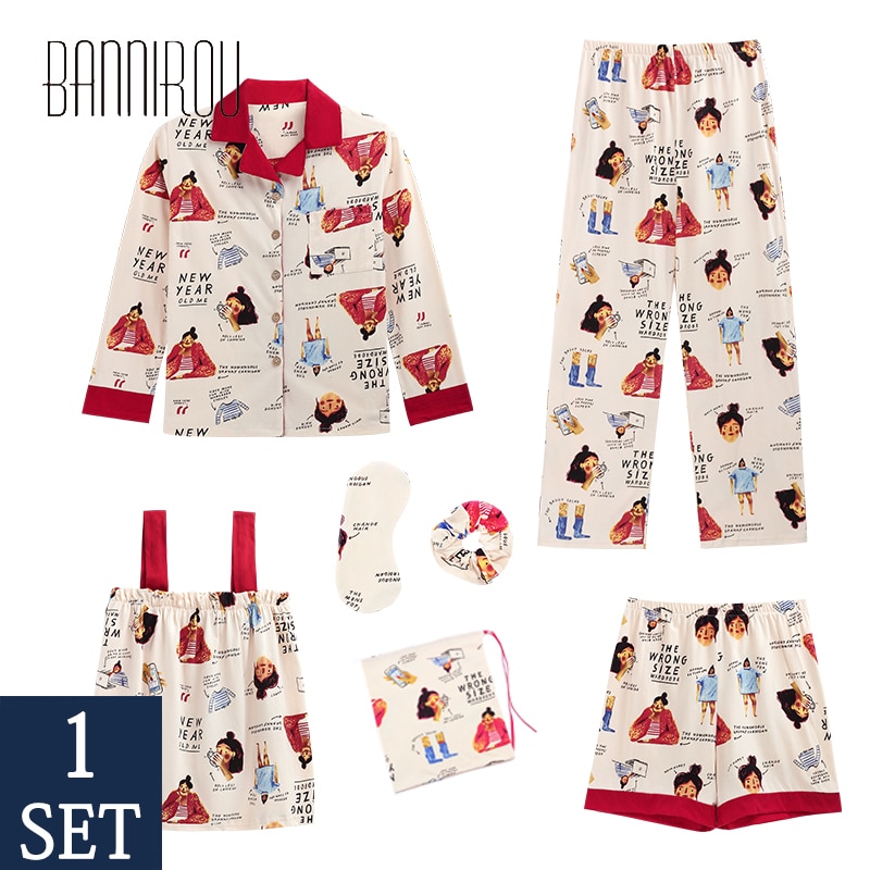 Bomull pyjamas sett dame skrive ut dame nattøy sett vår sommer høst vinter hjemmetøy dame pyjamas sett 7 stk
