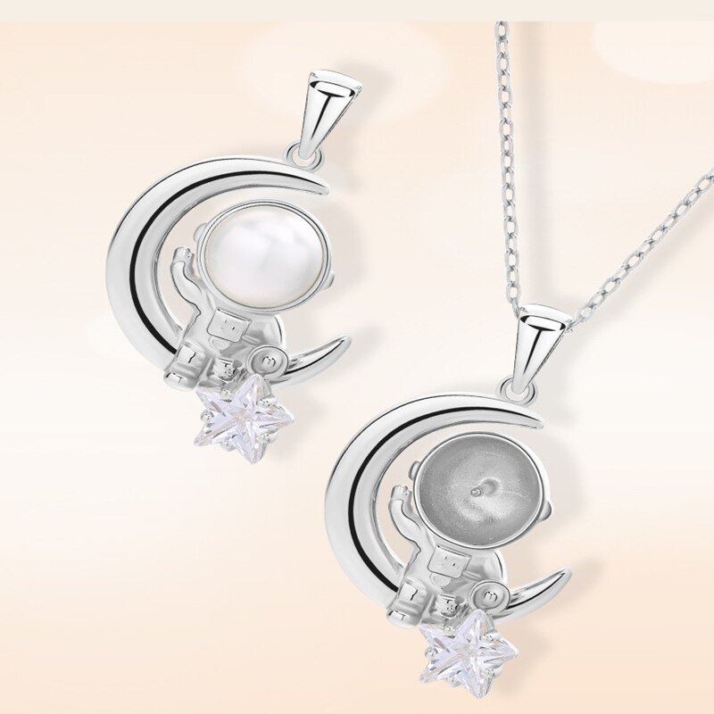 S925 Sterling Zilveren Parel Hanger Dames Astronaut Spaceman Sleutelbeen Keten,