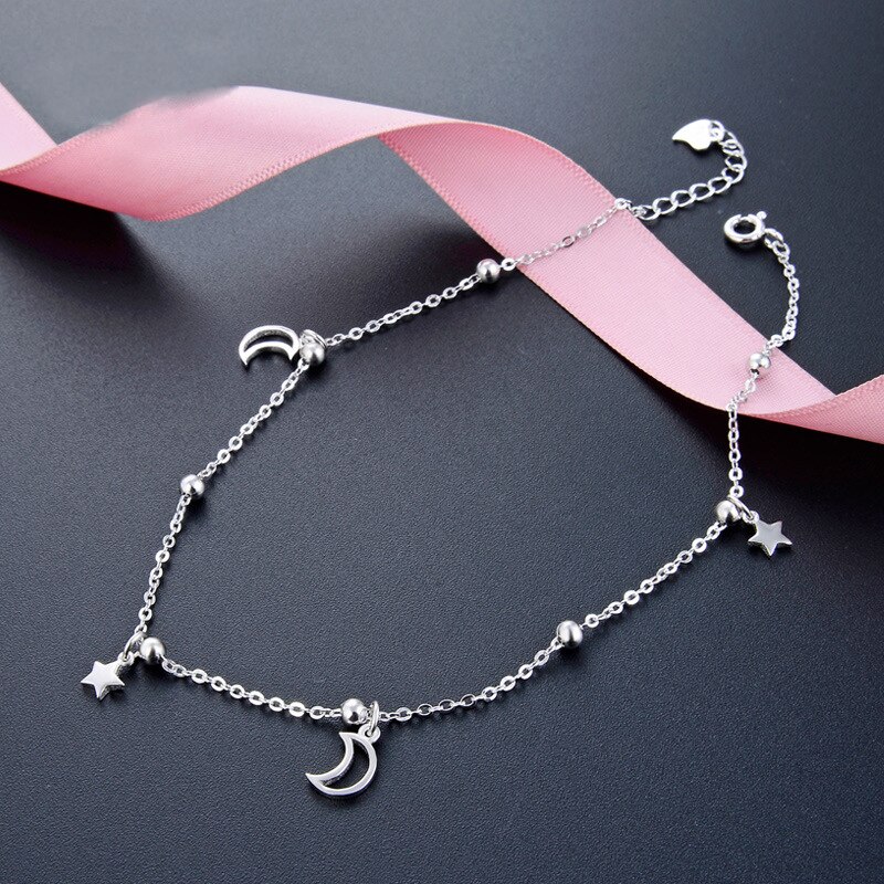 Massief Zilver 100% 925 Sterling Zilveren Ster Maan Vrouwen Enkelband Eenvoudige Stijl Chain Link Enkel Luxe Sieraden