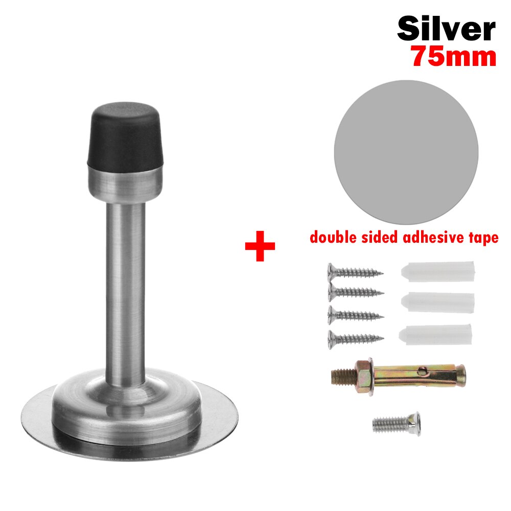 1PC Round Double Use Door Stops Anti-Collision Rubber Stopper Buffer Stainless Steel Self Adhesive Door Holder Protection: 75mm-silver