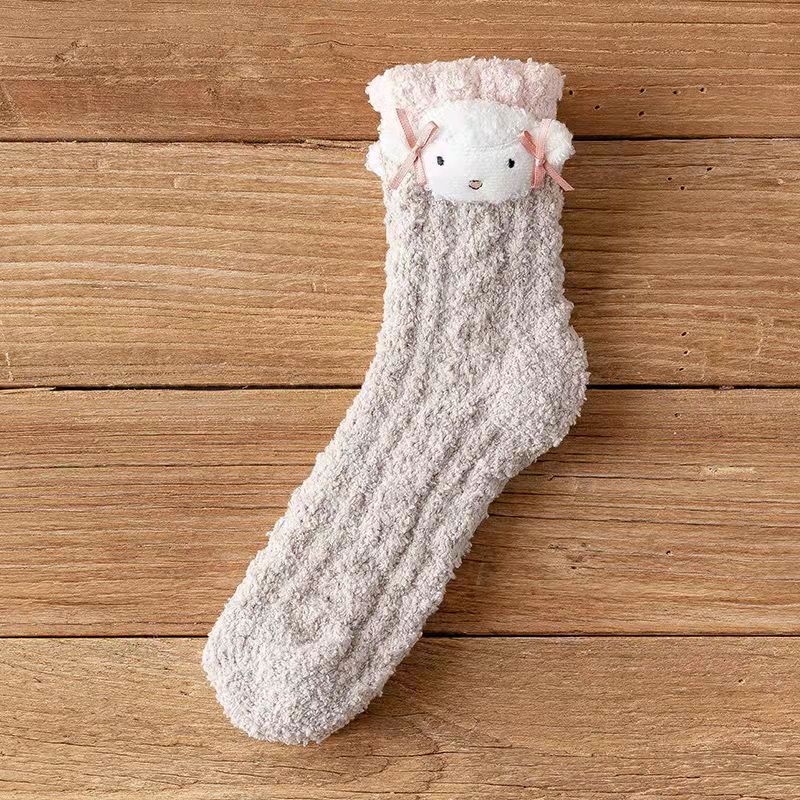 Coral Fleece Women Socks Bow rabbit Bear Candy Winter Thickening Cute Mid-tube Sock Ladies Home Bed Floor Slipper Sox: khaki-yang