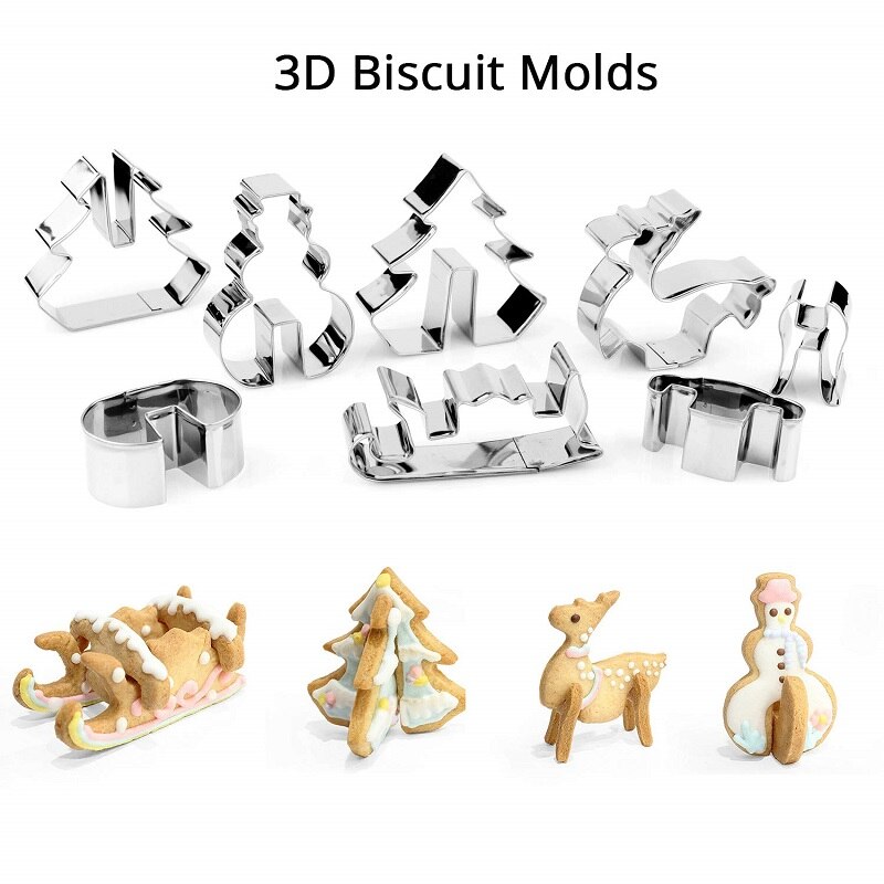 Rvs Cookie Cutter Mold 3D Kerst Scenario Cookie Biscuit Cutter Set Kerstboom Elanden Slee Sneeuwpop Model 8 Stuks