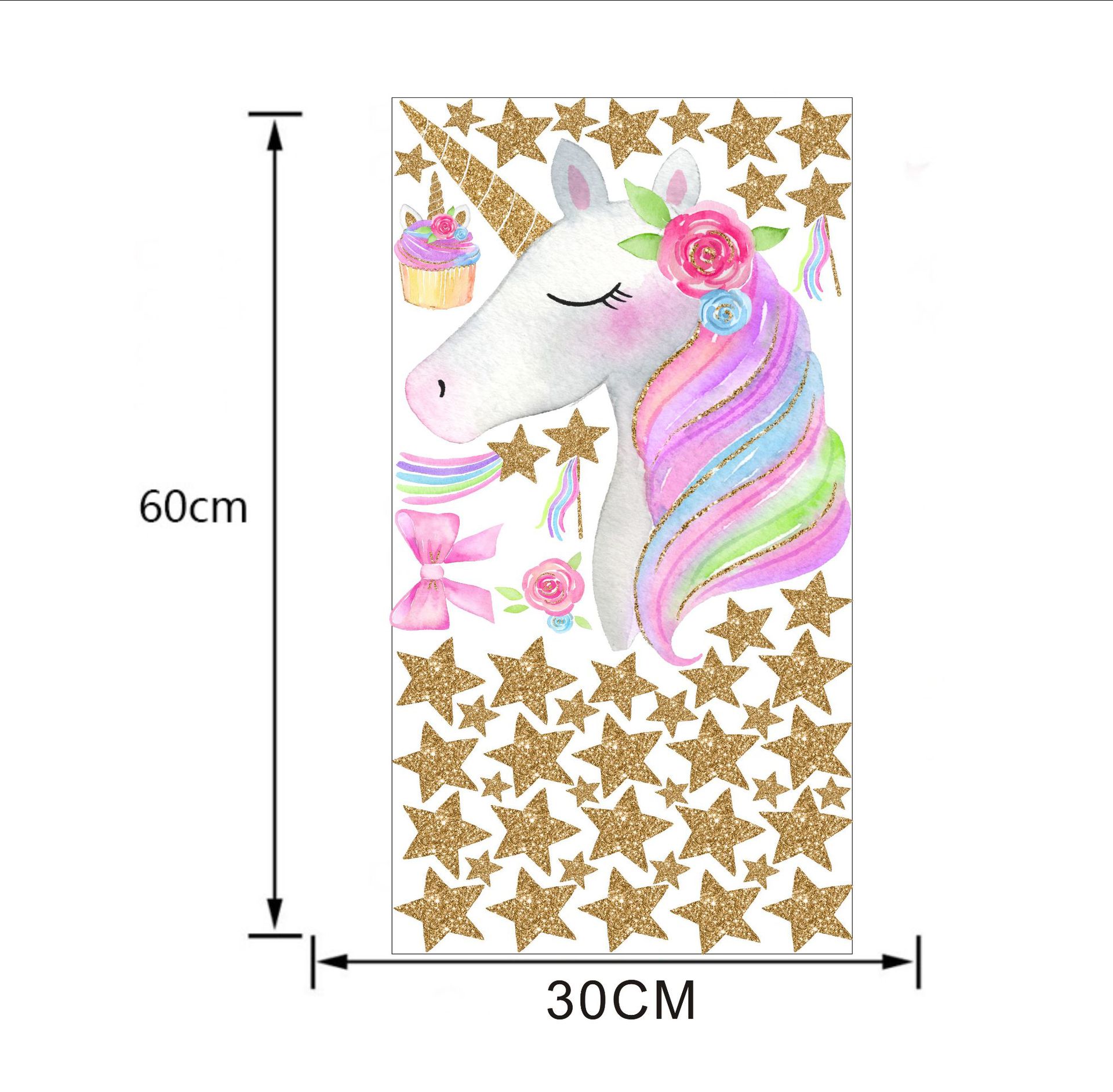 Diy Gouden Eenhoorn Muursticker Voor Kinderkamer Cartoon Decoratieve Sticker Ster Eenhoorn Sticker Verwijderbare Achtergrond Muur Decor: KSD8804-35x60CM