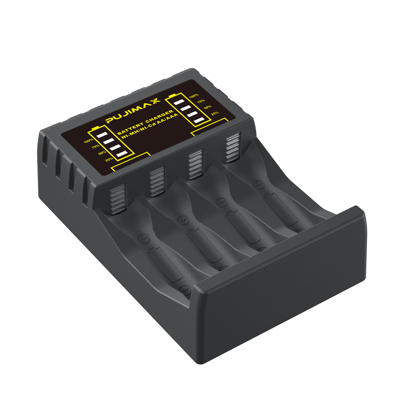Carregador de bateria inteligente Ni-Mh PUJIMAX com 4 slots para bateria recarregável AA Ni-MH de 1,2 V com alimentação de saída USB e display LED: Preto