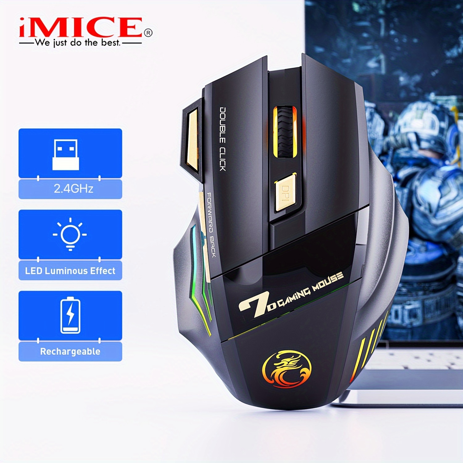 2.4G Wireless Gaming Mouse, Rechargeable Silent Wireless Mouse with 3200 DPI Adjustable,Double Click Key, Colorful RGB Lights: Default Title