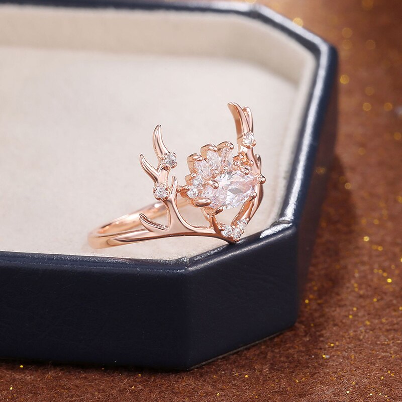 Bagues de luxe en or rose avec corne de cerf pour femme, bijoux de fiançailles, de mariage, de noël, avec incrustations de cristal de zircone blanche