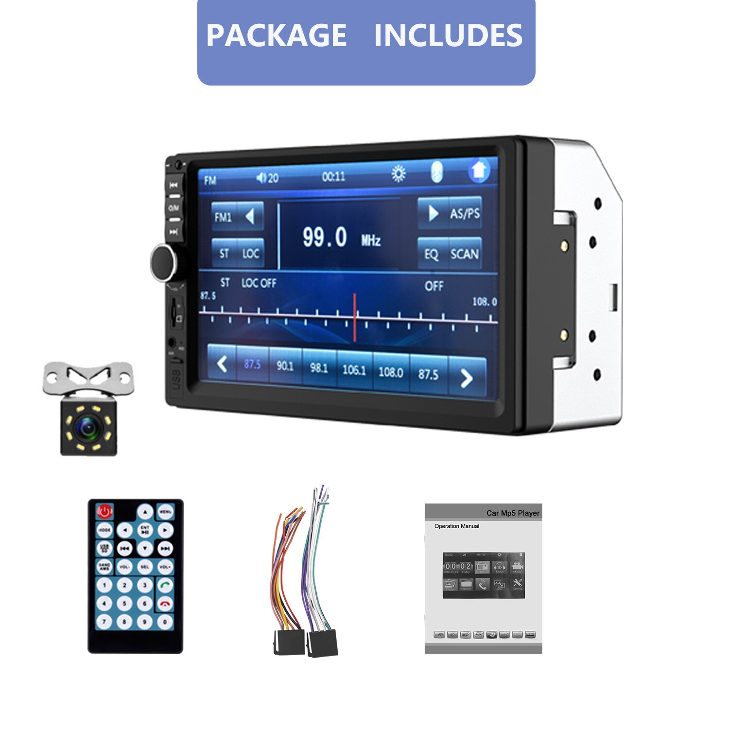 ESSGOO-reproductor Multimedia con pantalla táctil de 7 pulgadas para coche, autorradio estéreo 2 din con MP5, FM, Bluetooth, USB, TF, Mirror link, cámara: With 8LED Cam