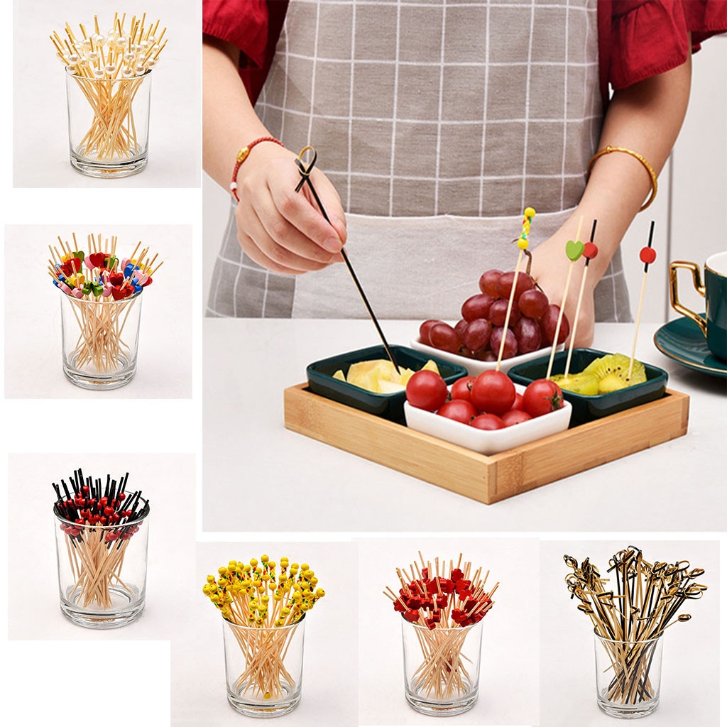 100pc bambu pick buffé frukt gaffel fest dessert stick cocktail spett hjärta blomma bambu pick buffé cupcake frukt gaffel fest