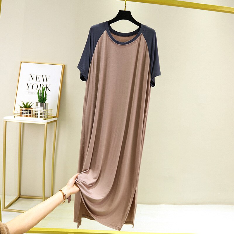 Modal Plus Size Long T Shirt Nightie Nightgowns For Women Short Sleeve Fluffy Nightshirt For Old Lady Elderly Sleep Gowns Dress: 2 / XL