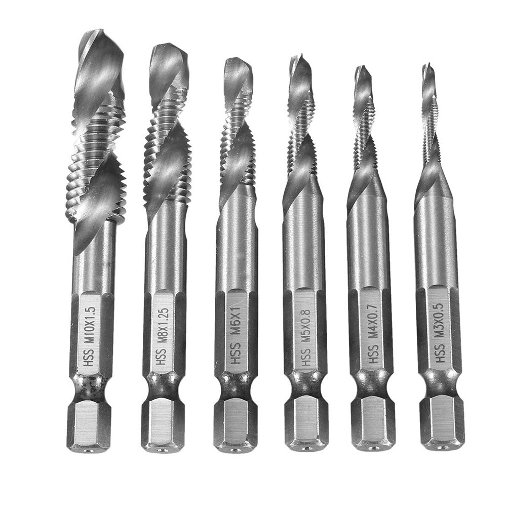 6Pcs Screw Tap Drill Bits HSS Screw Thread M3 M4 M5 M6 M8 M10 Metric Tap Combination Bit High Speed Steel 1/4 Hex Shank: 6Pcs Full Set