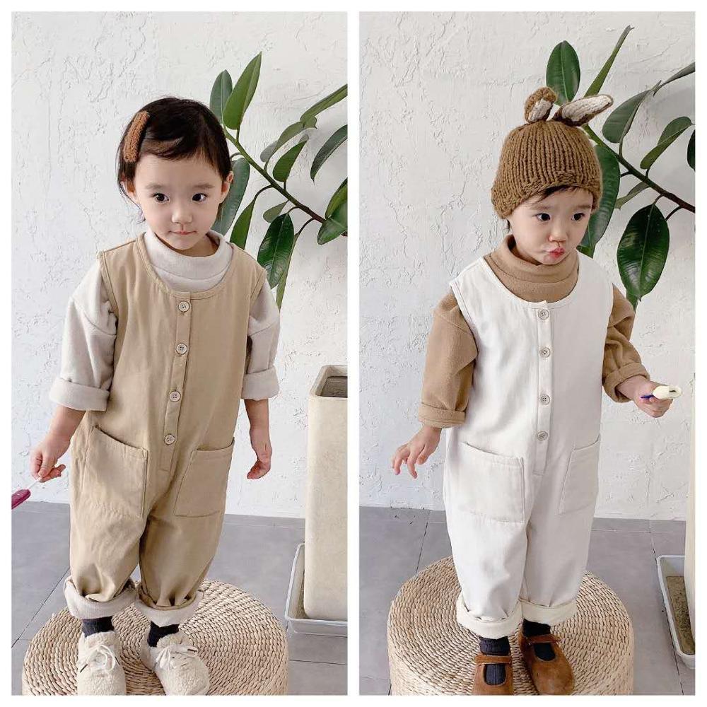 Herfst Winter Meisjes Lange Koreaanse Stijl Katoen Kinderen Jumpsuit Effen Kleur Pocket Enkele Breasted Ronde Hals Mouwloze Mode