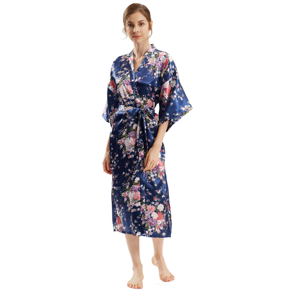 Kimono Badjas Jurk Met Halve Mouw Dames Lang Gewaad Print Bloemen Satijn Nachtkleding Thuis Jurk Losse Loungewear: green