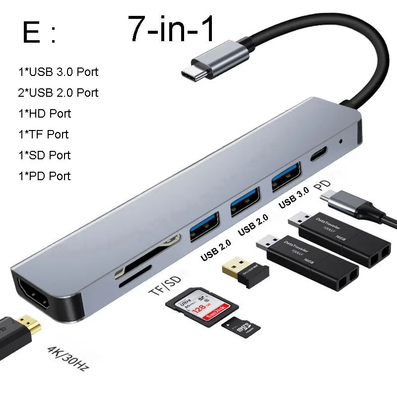 USB 3.0 Hub Voor Laptop Adapter PC Computer PD Charge Dock Station RJ45 HDMI-compatibele TF/SD-kaart Notebook Type-C Splitter: Rood