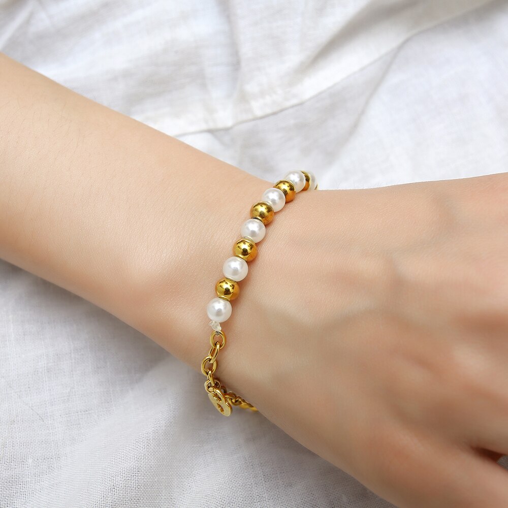 OUFEI, pulsera con dijes, accesorios de joyería, joyería de acero inoxidable para mujer, , pulsera de bolas de acero perlado, brazaletes para mujer