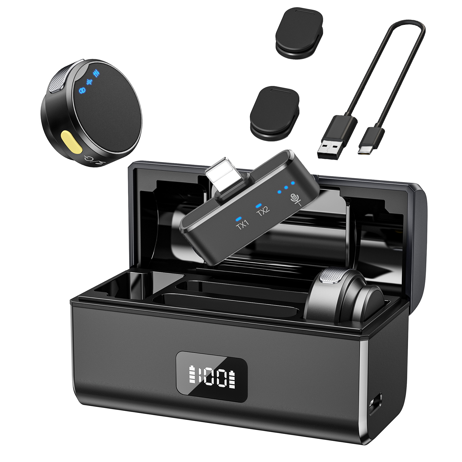 Microfono Lavalier Wireless con scatola di ricarica riduzione del rumore magnetico microfono professionale con risvolto per la registrazione in Studio dal vivo: Blu