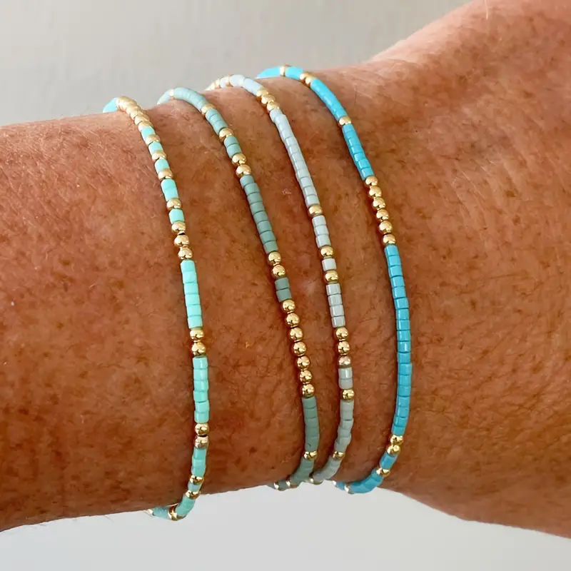 4 Uds. De cuentas de semillas de Color turquesa, conjunto de pulsera elástica, cuentas de cristal de Color dorado bohemio, joyería elástica hecha a mano para vacaciones para niñas: Default Title