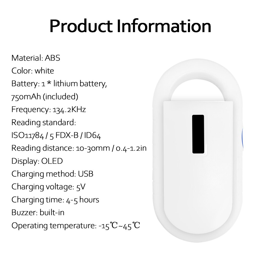 Mini USB Charging Dogs Reader Portable Animal Chip Scanner Microchip Reader for Horse Cat Dog Support ISO11784 / 11785 FDX-B
