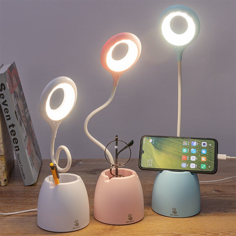 Led bureaulamp oogbescherming leren drie-blok touch opladen schat penhouder studentenhuis oogbescherming bureaulamp: Wit
