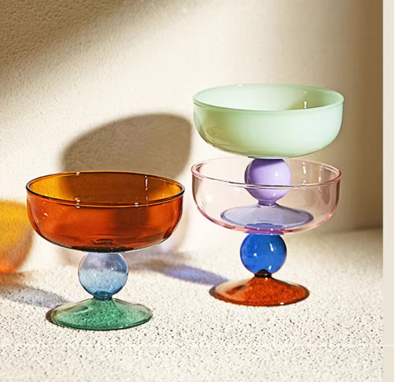 Round Bowl Goblet Dessert Glass Mug S-shaped Cup Stem Ice Cream Bowl Cup Milkshake Dessert Cup Colored Borosilicate Glass
