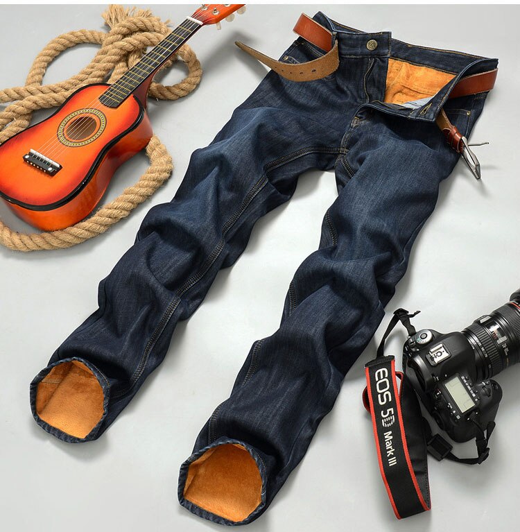 Mænds vintervarme plus velour straight jeans klassiske tykke fleece denimbukser til mænd plus store bukser: 28