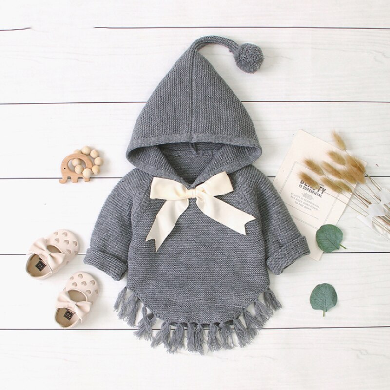 Bébé fille pull hiver tricoté à capuche enfant en bas âge fille vêtements à manches longues Bow infantile vêtements gland coton bébé Cardigan: Gris / 18M