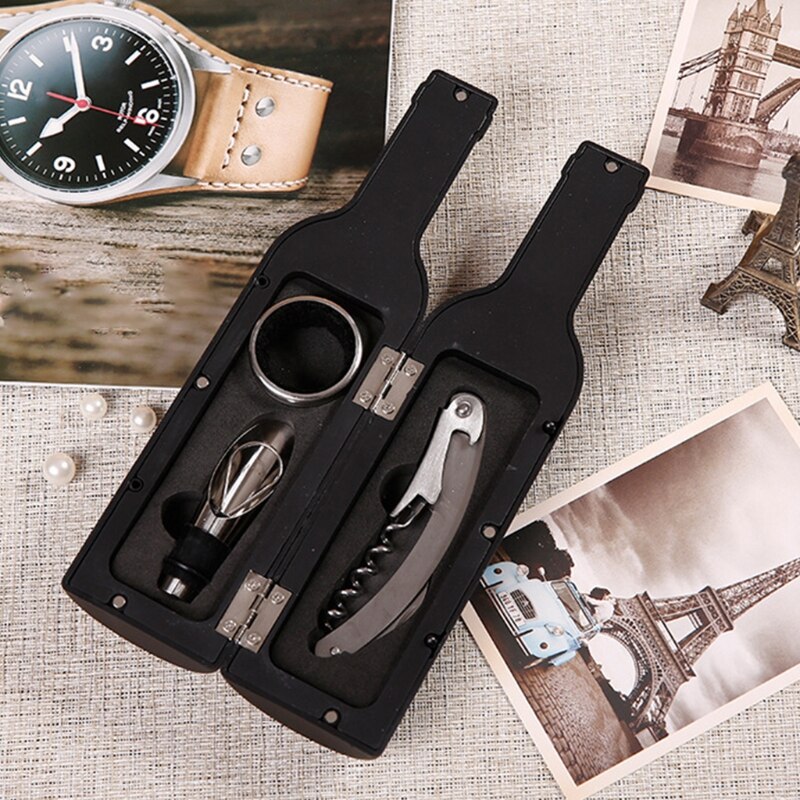 Wine Bottle Opener Stopper Set with Bottle/Cup Shape Storage Case Stainless Steel Pour Spout Drip Ring Practical Gadget