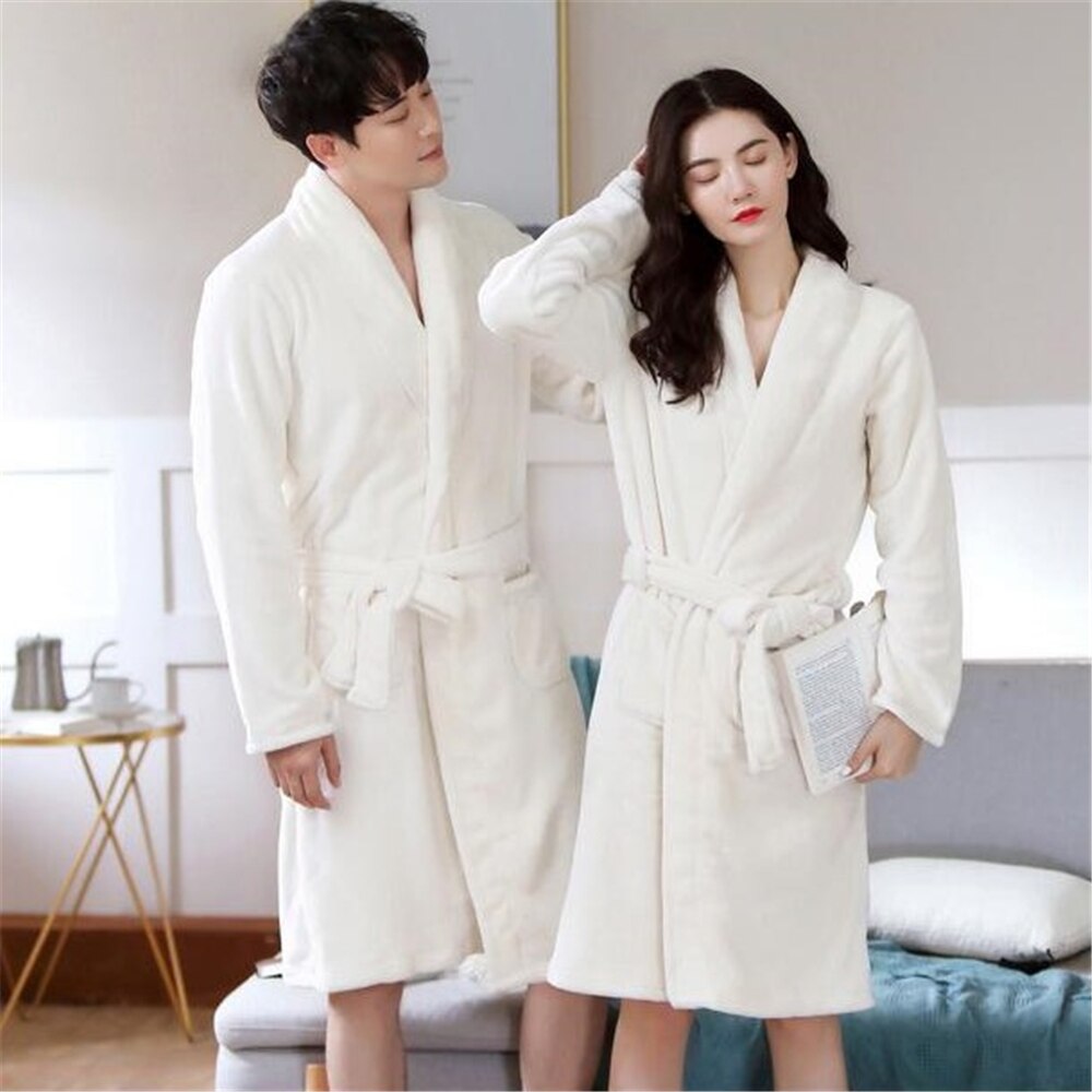 Pajamas White Women Men Coral Kimono Bathrobe Gown Lovers Couple Flannel Nightwear Winter Thicken Warm Soft Robe Gown Sleepwear