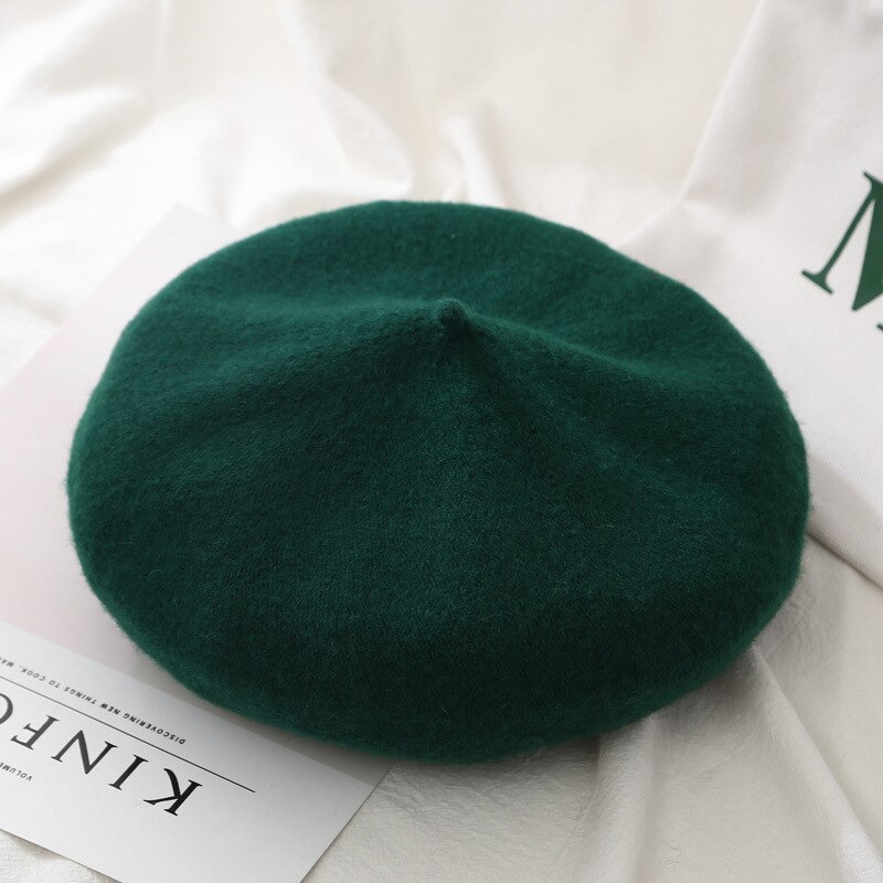 21 Kleuren Lady Herfst Winter Baret Hoed Schilder Hoed Vrouwen Wol Vintage Baretten Effen Kleur Caps Vrouwelijke Motorkap Warme Wandelschoenen cap: dark green