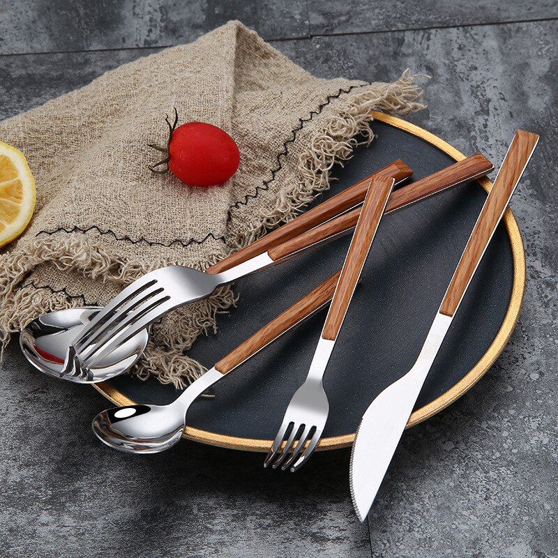 5 Stks/set Rvs Servies Set Keuken Bestek Geïmiteerd Houten Handvat Messen Vorken Lepel Set Houten Handvat Westerse