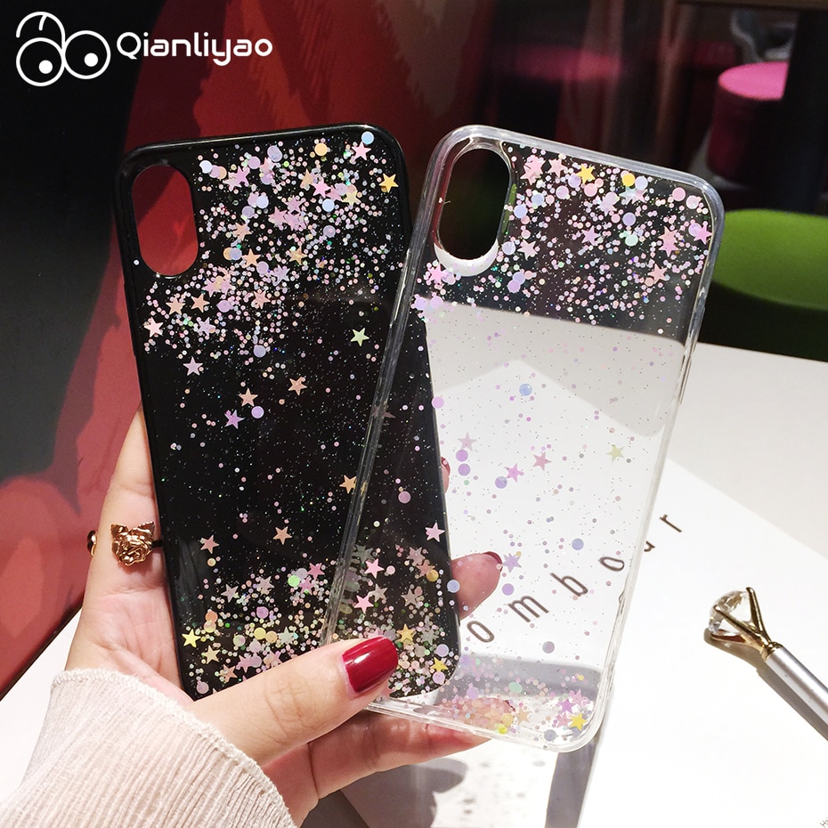 Qianliyao Simple Transparent Bling Glitter Stars Circle Soft Cover For Samsung S11 S10 S9 S8 plus S7edge Note 8 9 10 pro Case