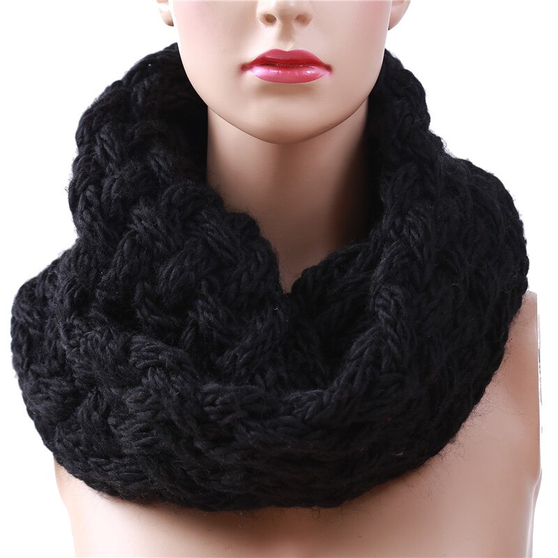 Winter Cable Ring Scarf Women Knitting Infinity Scarves Knitted Warm Neck Circle Scarf Bufandas Cuellos: Black
