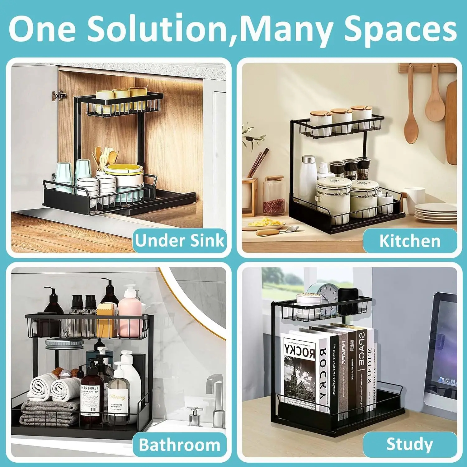 Under Sink 2 Tier Sliding Cabinet Basket Organizer Drawer Pull Out Cabinet Multi-Purpose Sink Organizer for Bathroom and Kitchen