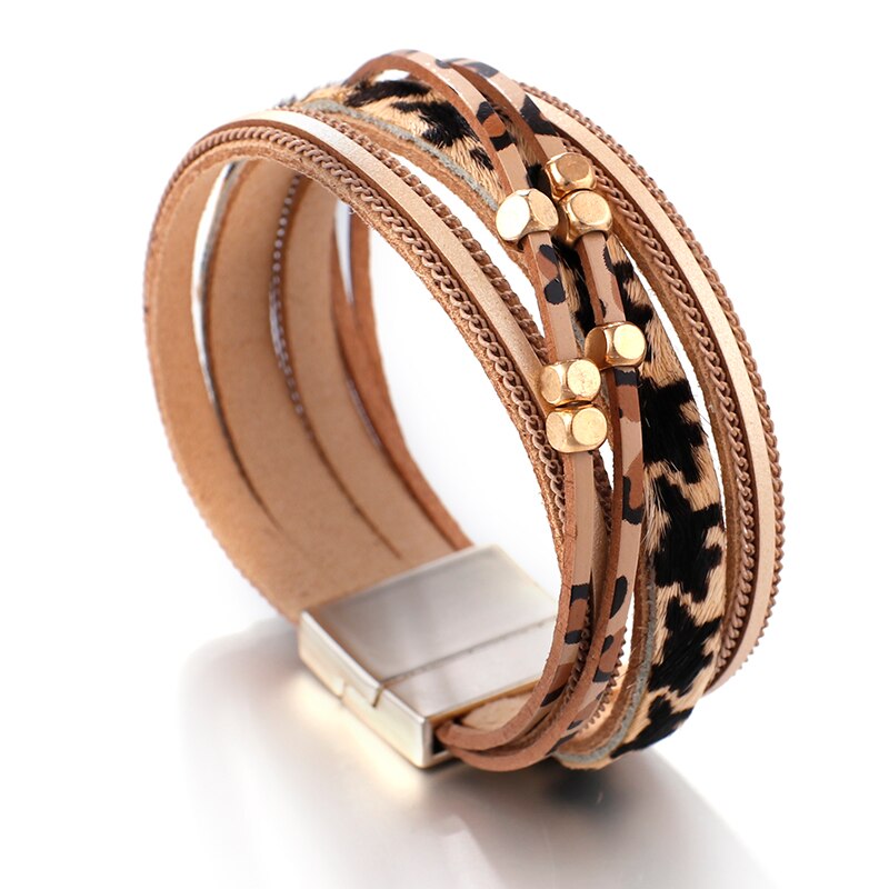 Amorcome luipaard leren armbanden voor dames metalen kralen bohemian brede wikkelarmband dames feest sieraden: Khaki