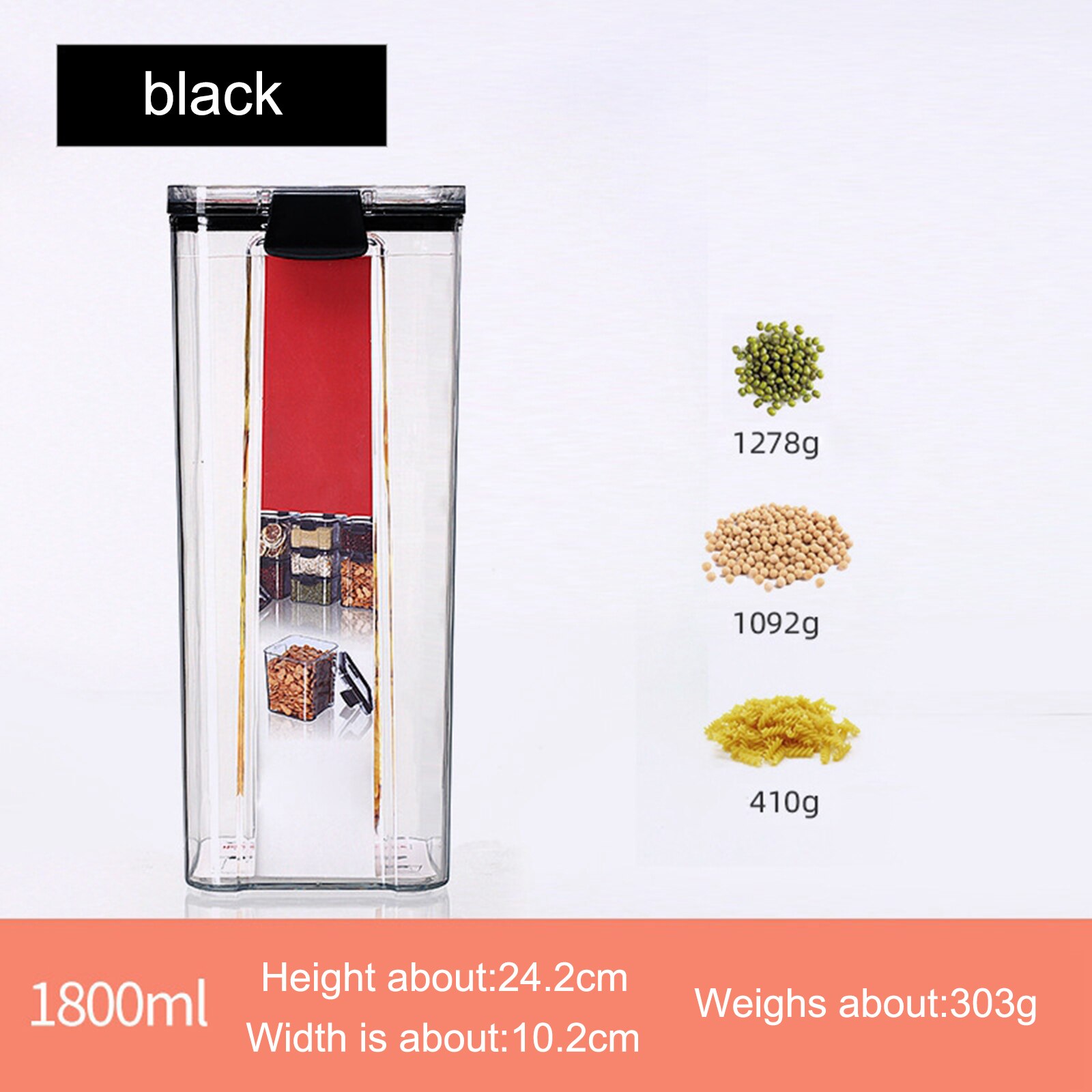 Food Storage Container Kitchen Organizer Box Storage Plastic Transparent Sealed Cans Jars for Spices Fridge Bulk Containers: 1800ml Black