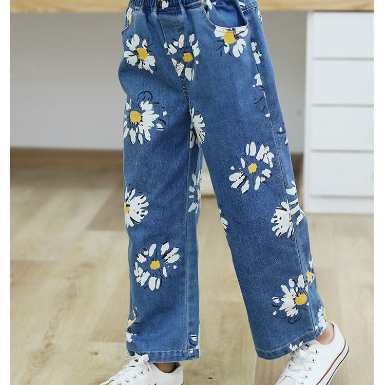 2021 primavera autunno bambini ragazze Jeans stampa floreale Jeans pantaloni gamba larga ragazze moda ragazze pantaloni bambini vestiti Casual per ragazze: 150